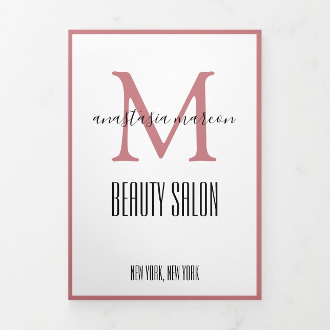 Carte Trois Volets Girly Rose Beauté SPA Salon Photo Monogramme (Page de couverture)