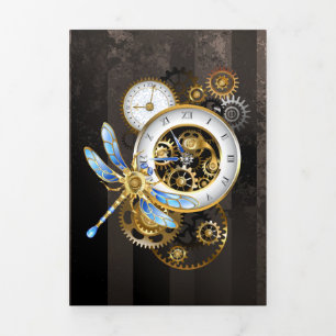Carte Trois Volets Horloge à vapeur avec libellule mécanique