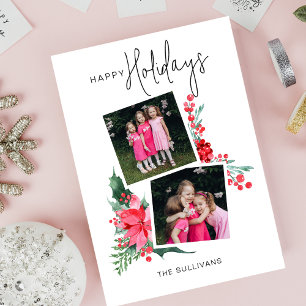 Carte Trois Volets Joli Poinsettia rose & Holly 2-Photo