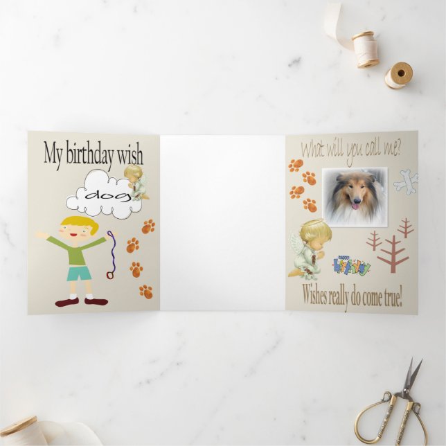 Carte Trois Volets Joyeux Anniversaire En attente d'un chien (Intérieur)