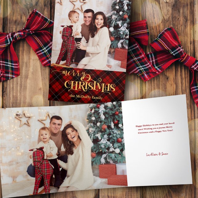 Carte Trois Volets Joyeux Noël or sur Red Tartan Photo (Créateur téléchargé)