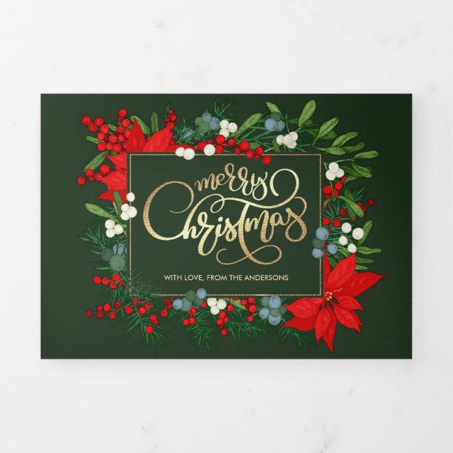 Carte Trois Volets Joyeux Noël vert Floral Multi Photo (Page de couverture)