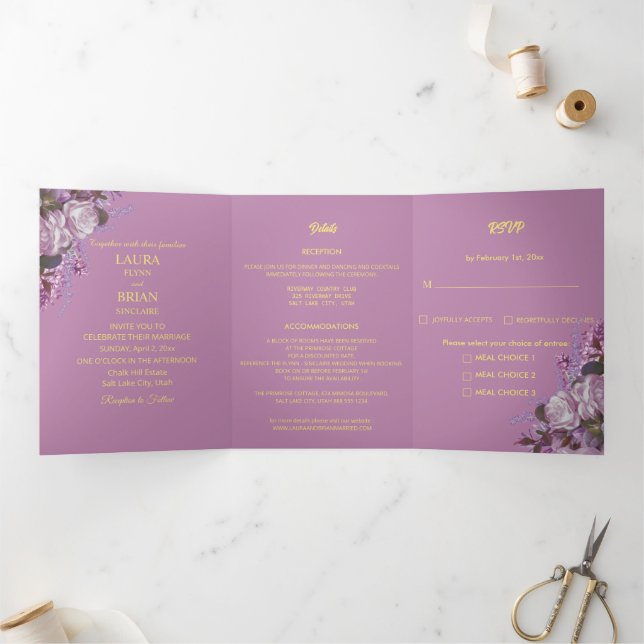 Carte Trois Volets Lavande, Roses et Lilacs, Mariage (Intérieur)