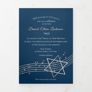 Carte Trois Volets Music Bar Mitzvah Silver Star de David