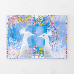 Carte Trois Volets Paon blanc et sakura fleuri / Amour romantique
