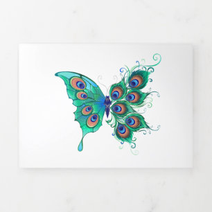 Carte Trois Volets Papillon aux plumes de paon vert