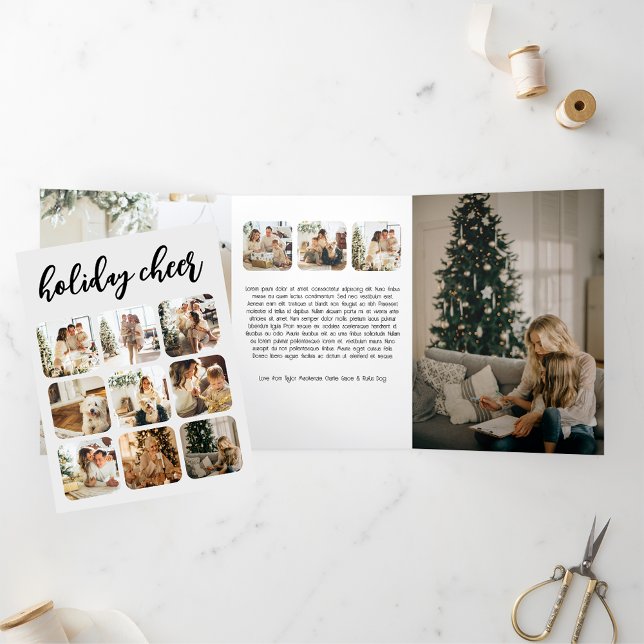 Carte Trois Volets Photo de Noël de fête personnalisée (Holiday Cheer Photo Christmas Personalized Tri-Fold Cards from Ricaso. Add 16 photographs and text)
