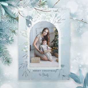 Carte Trois Volets Photo moderne Blue Sparkly Winter Botanique Arc