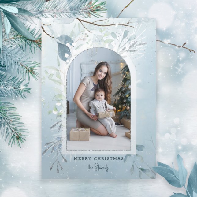 Carte Trois Volets Photo moderne Blue Sparkly Winter Botanique Arc (Créateur téléchargé)