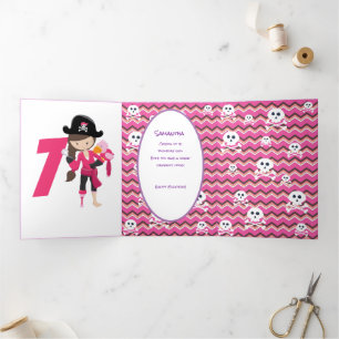Carte Trois Volets Pirate rose Pirate Girl 7e anniversaire