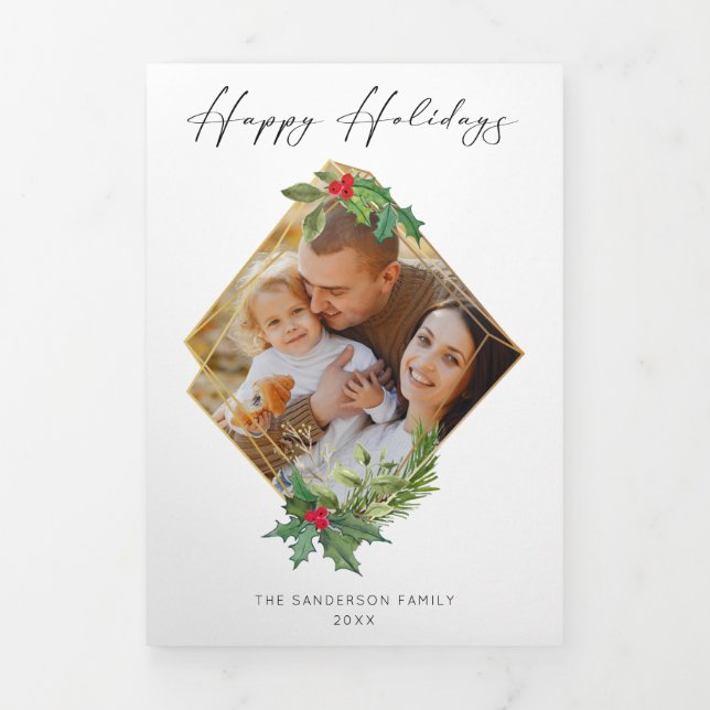 Carte Trois Volets Script moderne Joyeuses vacances avec cadre or pho (Page de couverture)