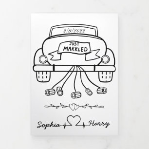 Carte Trois Volets Voiture Mariage personnalisée juste mariée 