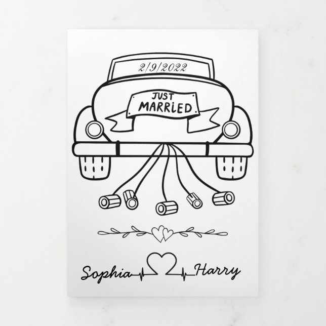 Carte Trois Volets Voiture Mariage personnalisée juste mariée (Page de couverture)