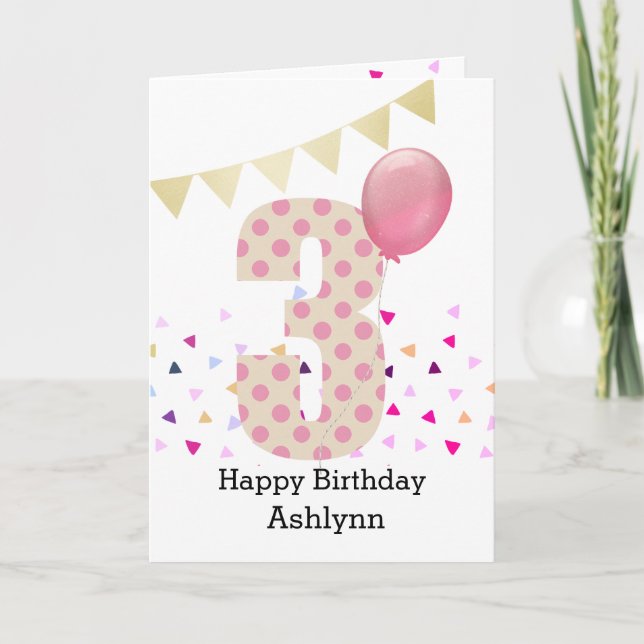 Carte Troisième anniversaire Confetti Rose à pois (Devant)
