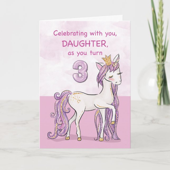 Carte Troisième Anniversaire Fille Cheval Rose Avec Cour (Devant)
