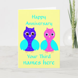 Carte Troisième hiboux mignons heureux d'anniversaire de