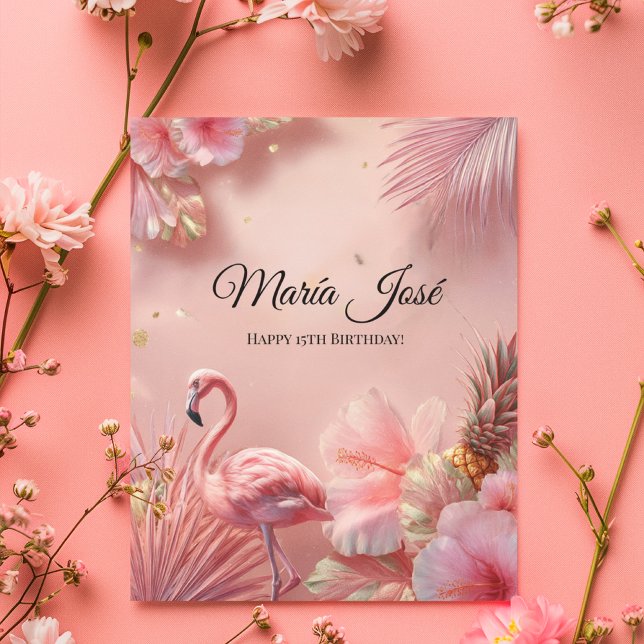 Carte Tropical Flamant Rose Quinceañera, sur mesure (Créateur téléchargé)