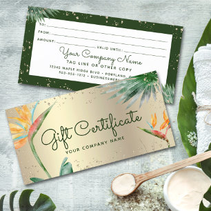 Carte Tropical Floral Script Gold Foil Certificat cadeau