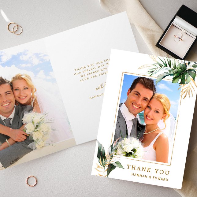 Carte Tropical Foliage Mariage Photo Gold Merci (Front & Back)