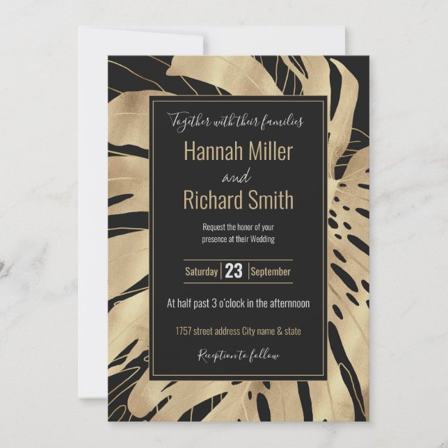 Carte Tropical Gold Monstera Leaf Black Design (Devant)