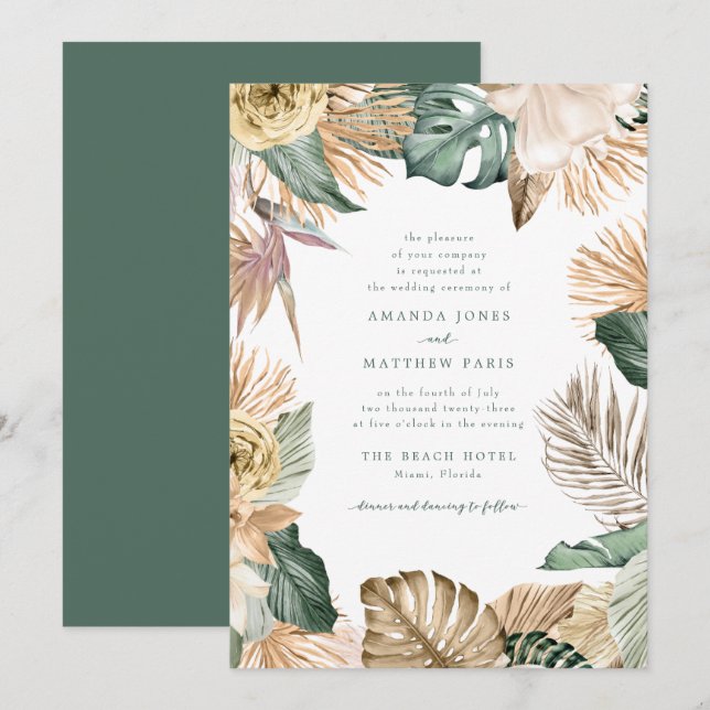 Carte Tropical Leaf Love and the Beach Wedding Invitatio (Devant / Derrière)