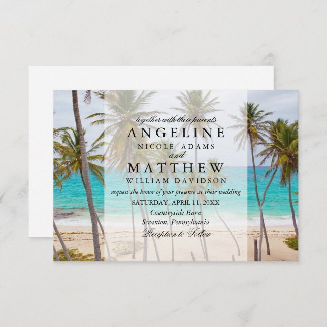 Carte Tropical Palm Tree Beach Destination Wedding (Devant / Derrière)
