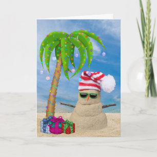 Carte Tropical Sand Snowman with Christmas palm tree