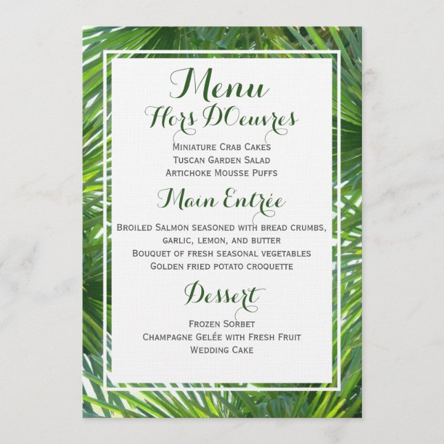 Carte tropicale de menu de mariage de verdure (Devant)