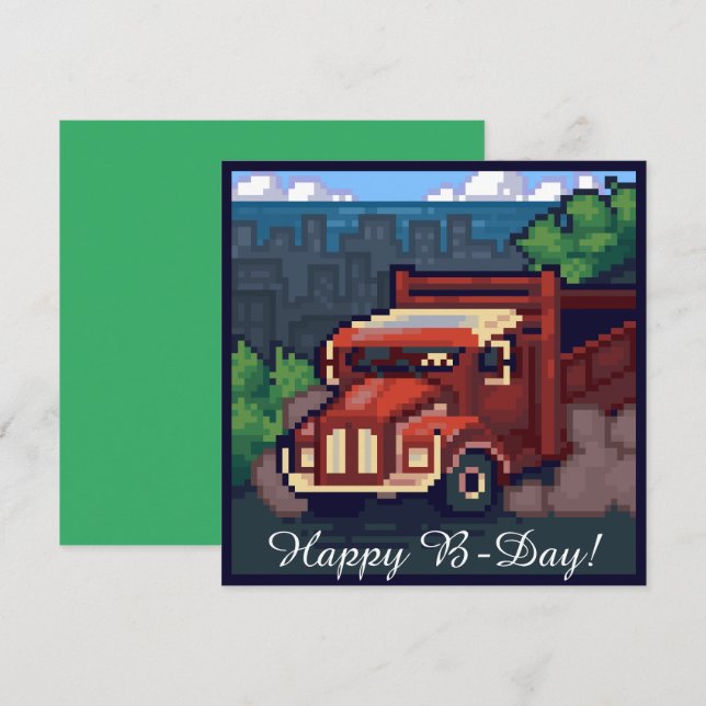Carte Truck, camion, happy b-day pixel art. (Devant / Derrière)