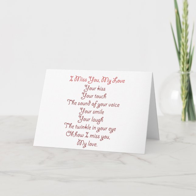 Carte Tu me manque, mon rouge de poème d'amour sur le (Devant)