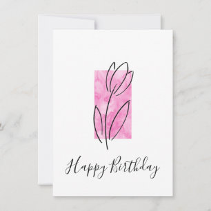 Carte Tulipe Linéaire Dessinée À La Main, Aquarelle Rose