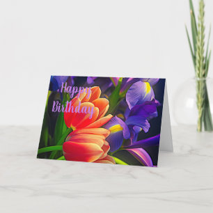 Carte Tulipes colorées et Fleurs d'Iris Voeux d'annivers