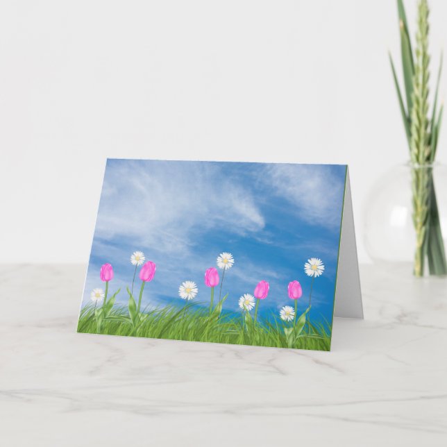 Carte tulipes et marguerites dans l'herbe pensant à vous (Devant)