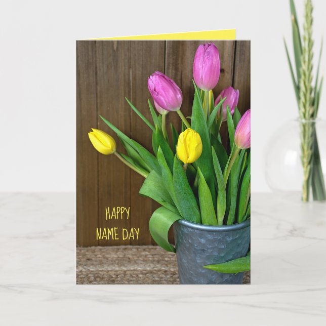 Carte tulipes rose et jaune dans le seau Nom Jour (Devant)