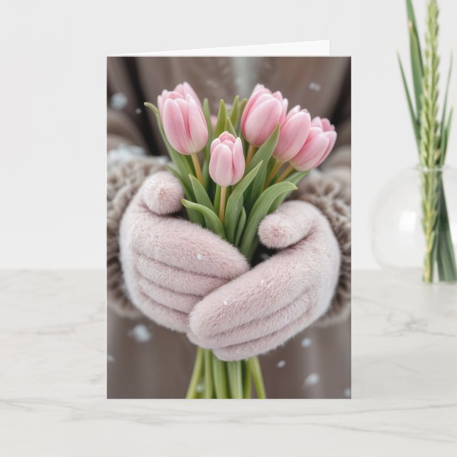 Carte Tulipes roses d'anniversaire avec flocons de neige (Devant)