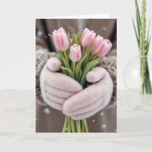 Carte Tulipes roses d'anniversaire avec flocons de neige