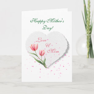 Carte Tulipes roses élégantes et cœur en papier pour la