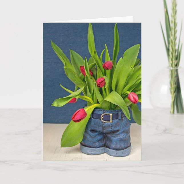 Carte Tulipes rouges Fête des Mères en jean bleu (Devant)