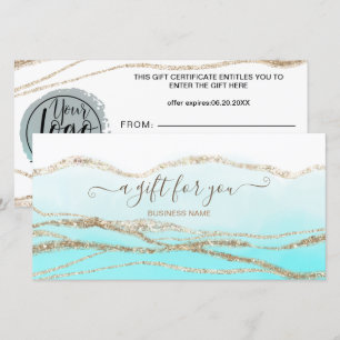 Carte Turquoise bleu aquarelle or logo cadeau