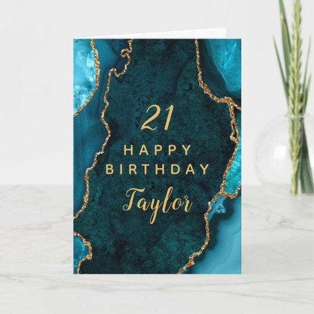 Carte Turquoise Blue et Gold Agate Joyeux anniversaire (Devant)