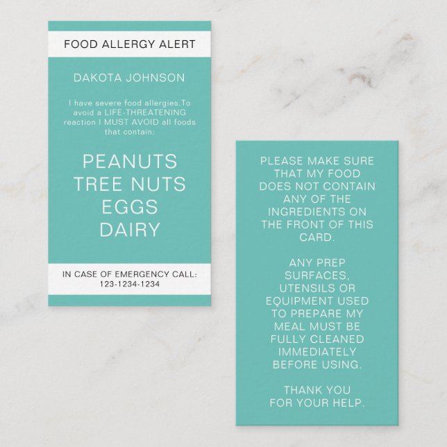 Carte turquoise d'alerte aux allergies alimentaire (Devant / Derrière)