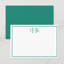 Carte turquoise et blanche Monogramme Note Plat
