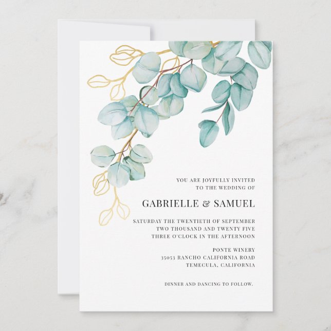 Carte Turquoise et or Eucalyptus Greenery Mariage Invita (Devant)