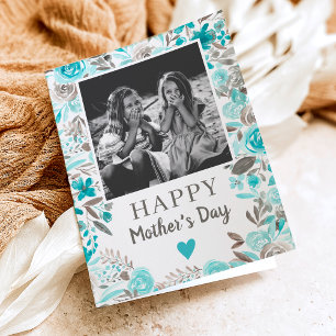 Carte Turquoise Floral aquarelle poème photo Fête des mè