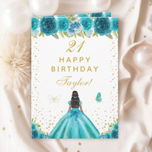 Carte Turquoise Floral Fille de la peau foncée Joyeux an