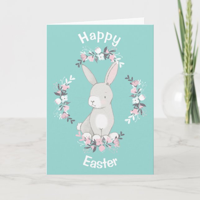 Carte Turquoise Lapin Rose Wreath Pâques (Devant)