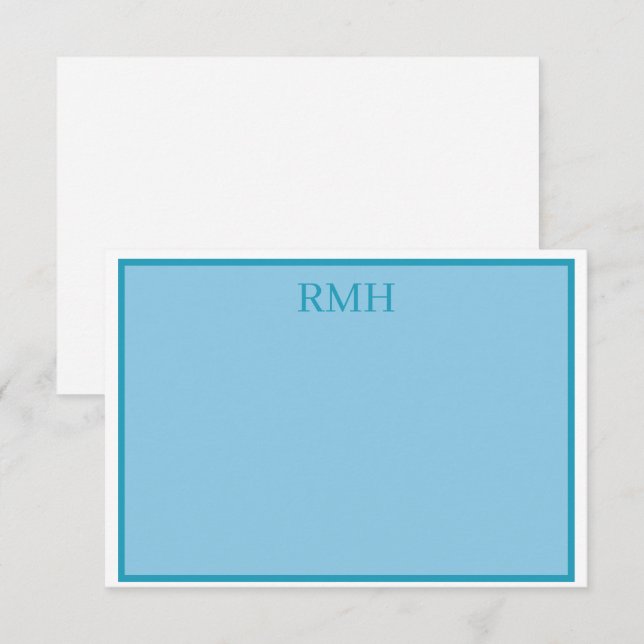 Carte turquoise Monogramme en bleu et blanc (Devant / Derrière)