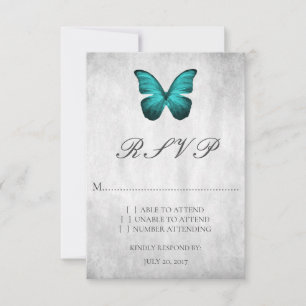 Carte turquoise RSVP de mariage papillon