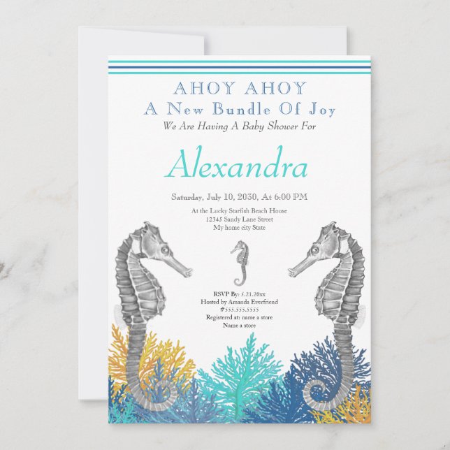 Carte Turquoise Seahorse, Baby shower Ahoy (Devant)