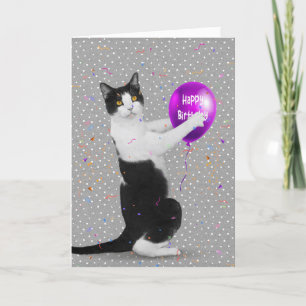 Carte Tuxedo Chat avec ballon d'anniversaire